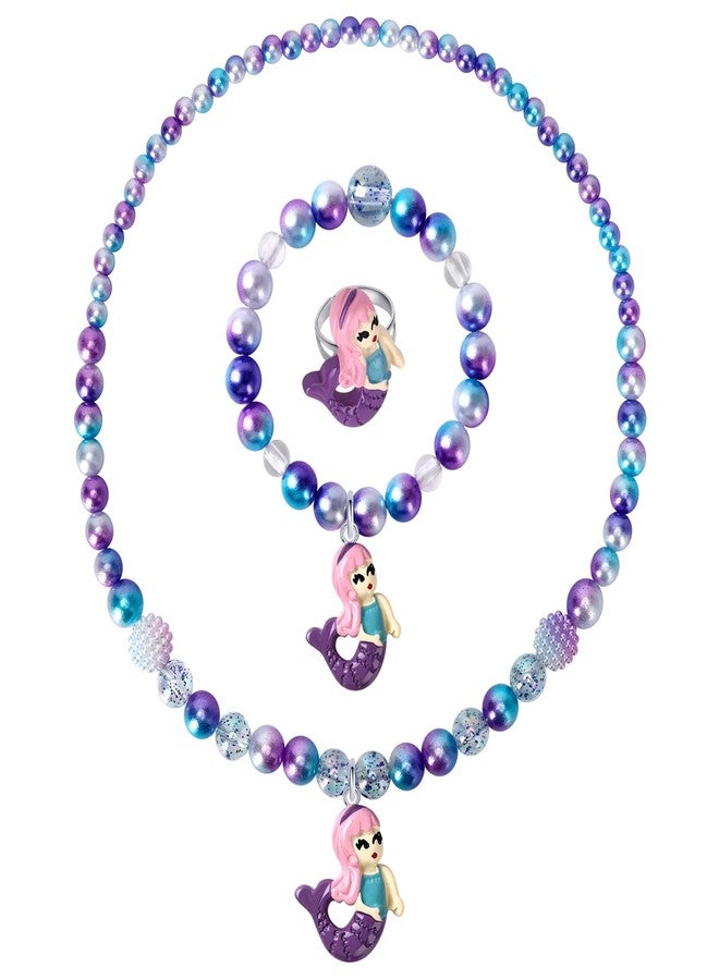 Wingchold Girls Mermaid Necklace, Bracelet, Ring Set - Dress Up Pretend Play Jewelry Gifts for Kids & Toddlers - Mermaid Party Costume Supplies - Image 1